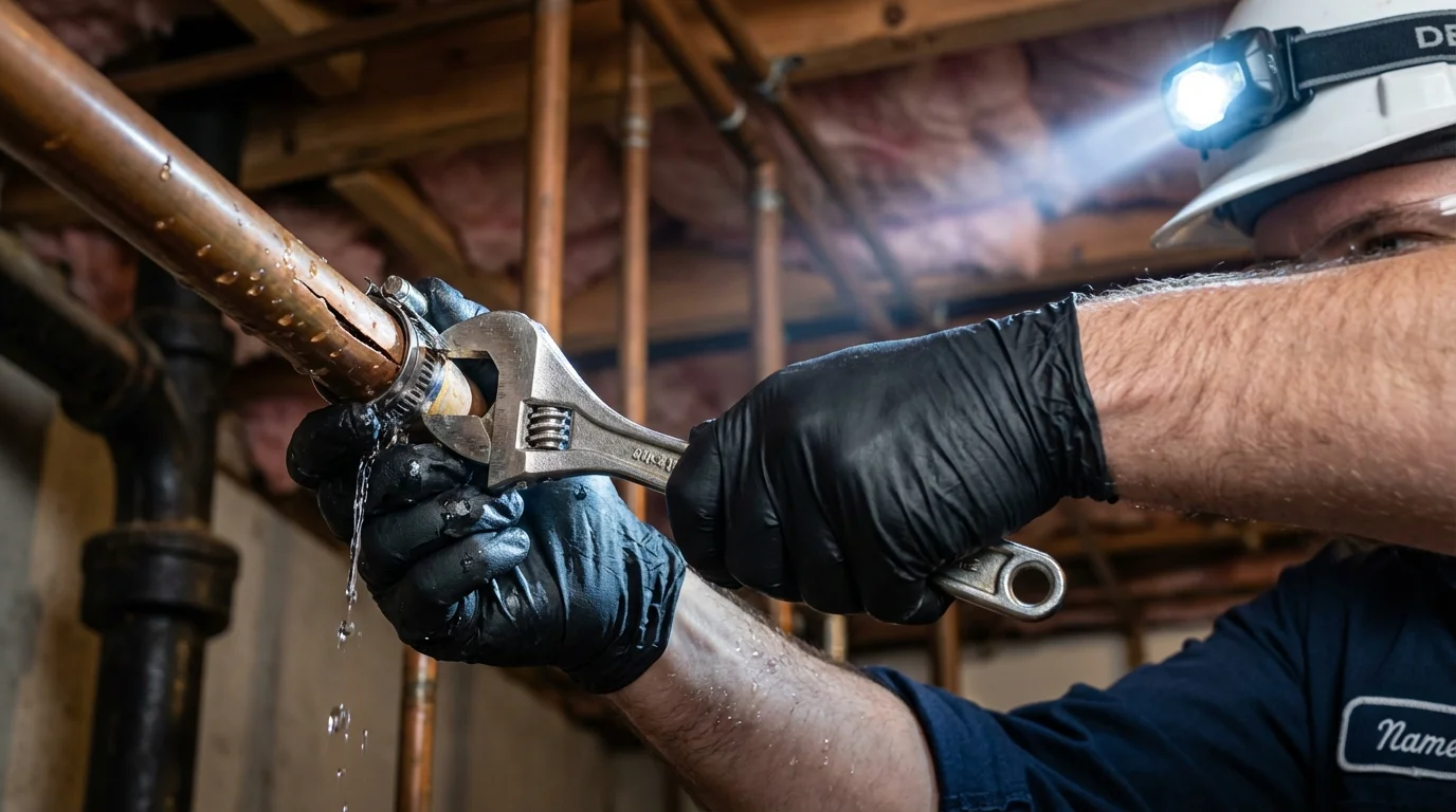 Emergency pipe clamp repair being performed by a Johns Plumbing LLC plumber in Salinas