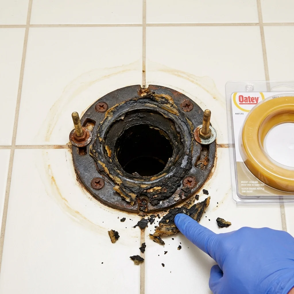 Failed wax ring showing water seepage at the base of a toilet in a Salinas, PR home